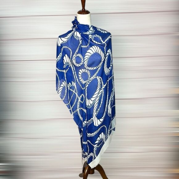 NWT Peter Millar Large Oblong Scarf Lightweight Viscose White Blue Women’s Men’s - Picture 7 of 12